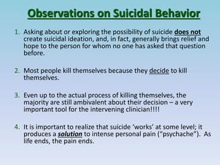 Observations on Suicidal Behavior 
1. Asking about or exploring the possibility of suicide does not 
create suicidal ideat...