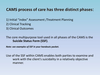 CAMS process of care has three distinct phases: 
1) Initial “index” Assessment /Treatment Planning 
2) Clinical Tracking 
...