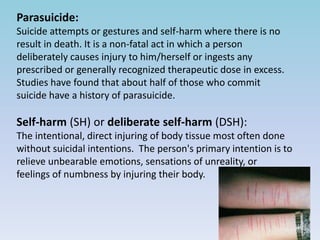 Parasuicide: 
Suicide attempts or gestures and self-harm where there is no 
result in death. It is a non-fatal act in whic...
