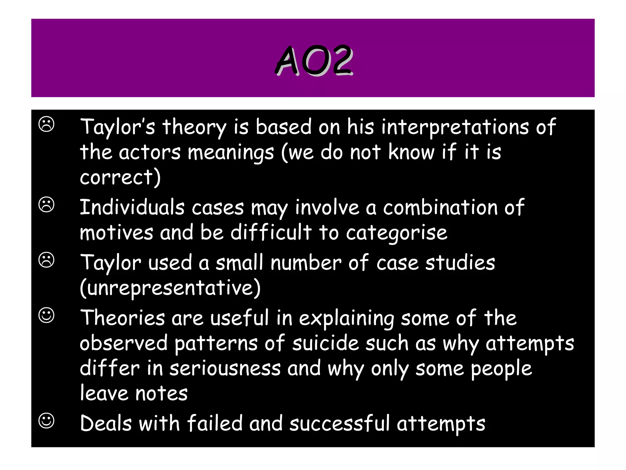 AO2
   Taylor’s theory is based on his interpretations of
    the actors meanings (we do not know if it is
    correct)
   Individuals cases may involve a combination of
    motives and be difficult to categorise
   Taylor used a small number of case studies
    (unrepresentative)
   Theories are useful in explaining some of the
    observed patterns of suicide such as why attempts
    differ in seriousness and why only some people
    leave notes
   Deals with failed and successful attempts
 