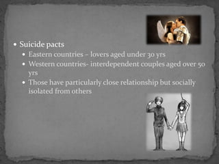  Suicide pacts
 Eastern countries – lovers aged under 30 yrs
 Western countries- interdependent couples aged over 50
yrs
 Those have particularly close relationship but socially
isolated from others
 