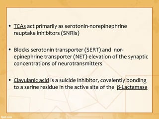 • TCAs act primarily as serotonin-norepinephrine
reuptake inhibitors (SNRIs)
• Blocks serotonin transporter (SERT) and nor-
epinephrine transporter (NET)-elevation of the synaptic
concentrations of neurotransmitters
• Clavulanic acid is a suicide inhibitor, covalently bonding
to a serine residue in the active site of the β-Lactamase
 