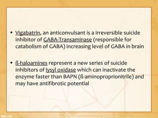 • Vigabatrin, an anticonvulsant is a irreversible suicide
inhibitor of GABA-Transaminase (responsible for
catabolism of GABA) increasing level of GABA in brain
• ß-haloamines represent a new series of suicide
inhibitors of lysyl oxidase which can inactivate the
enzyme faster than BAPN (ß-aminoproprionitrile) and
may have antifibrotic potential
 