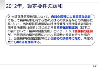 2012年，算定要件の緩和
13
２ 当該保険医療機関において、自殺企図等による重篤な患者
であって精神疾患を有するもの又はその家族等からの情報等に
基づいて、当該保険医療機関の精神保健及び精神障害者福祉に
関する法律第18条第１項に規定する精神保健指定医（以下こ
の表において「精神保健指定医」という。）又は精神科の医師
が、当該患者の精神疾患にかかわる診断治療等を行った場合
は、当該精神保健指定医等による最初の診療時に限り、所定点
数に3,000点を加算する。
 