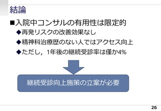 結論
入院中コンサルの有用性は限定的
再発リスクの改善効果なし
精神科治療歴のない人ではアクセス向上
ただし，1年後の継続受診率は僅か4%
26
継続受診向上施策の立案が必要
 