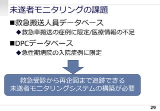 未遂者モニタリングの課題
救急搬送人員データベース
救急車搬送の症例に限定/医療情報の不足
DPCデータベース
急性期病院の入院症例に限定
29
救急受診から再企図まで追跡できる
未遂者モニタリングシステムの構築が必要
 