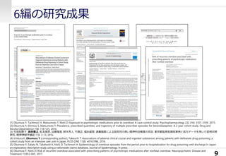 6編の研究成果
9
[1] Okumura Y, Tachimori H, Matsumoto T, Nishi D: Exposure to psychotropic medications prior to overdose: A case-control study. Psychopharmacology 232 (16): 3101-3109, 2015.
[2] Okumura Y, Shimizu S, Matsumoto T: Prevalence, prescribed quantities, and trajectory of multiple prescriber episodes for benzodiazepines: A 2-year cohort study. Drug and
Alcohol Dependence 158: 118-125, 2016.
[3] 引地和歌子, 奥村泰之, 松本俊彦, 谷藤隆信, 鈴木秀人, 竹島正, 福永龍繁: 過量服薬による致死性の高い精神科治療薬の同定: 東京都監察医務院事例と処方データを用いた症例対照
研究. 精神神経学雑誌 118: 3-13, 2016.
[4] Ichikura K, Okumura Y (corresponding author), Takeuchi T: Associations of adverse clinical course and ingested substances among patients with deliberate drug-poisoning: a
cohort study from an intensive care unit in Japan. PLOS ONE 11(8): e0161996, 2016.
[5] Okumura Y, Sakata N, Takahashi K, Nishi D, Tachimori H: Epidemiology of overdose episodes from the period prior to hospitalization for drug poisoning until discharge in Japan:
an exploratory descriptive study using a nationwide claims database. Journal of Epidemiology. in press.
[6] Okumura Y, Nishi D: Risk of recurrent overdose associated with prescribing patterns of psychotropic medications after nonfatal overdose. Neuropsychiatric Disease and
Treatment 13:653-665, 2017.
 