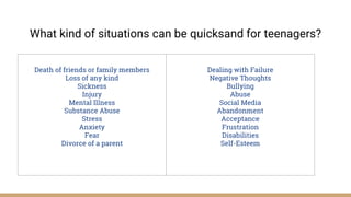 What kind of situations can be quicksand for teenagers?
Death of friends or family members
Loss of any kind
Sickness
Injury
Mental Illness
Substance Abuse
Stress
Anxiety
Fear
Divorce of a parent
Dealing with Failure
Negative Thoughts
Bullying
Abuse
Social Media
Abandonment
Acceptance
Frustration
Disabilities
Self-Esteem
 