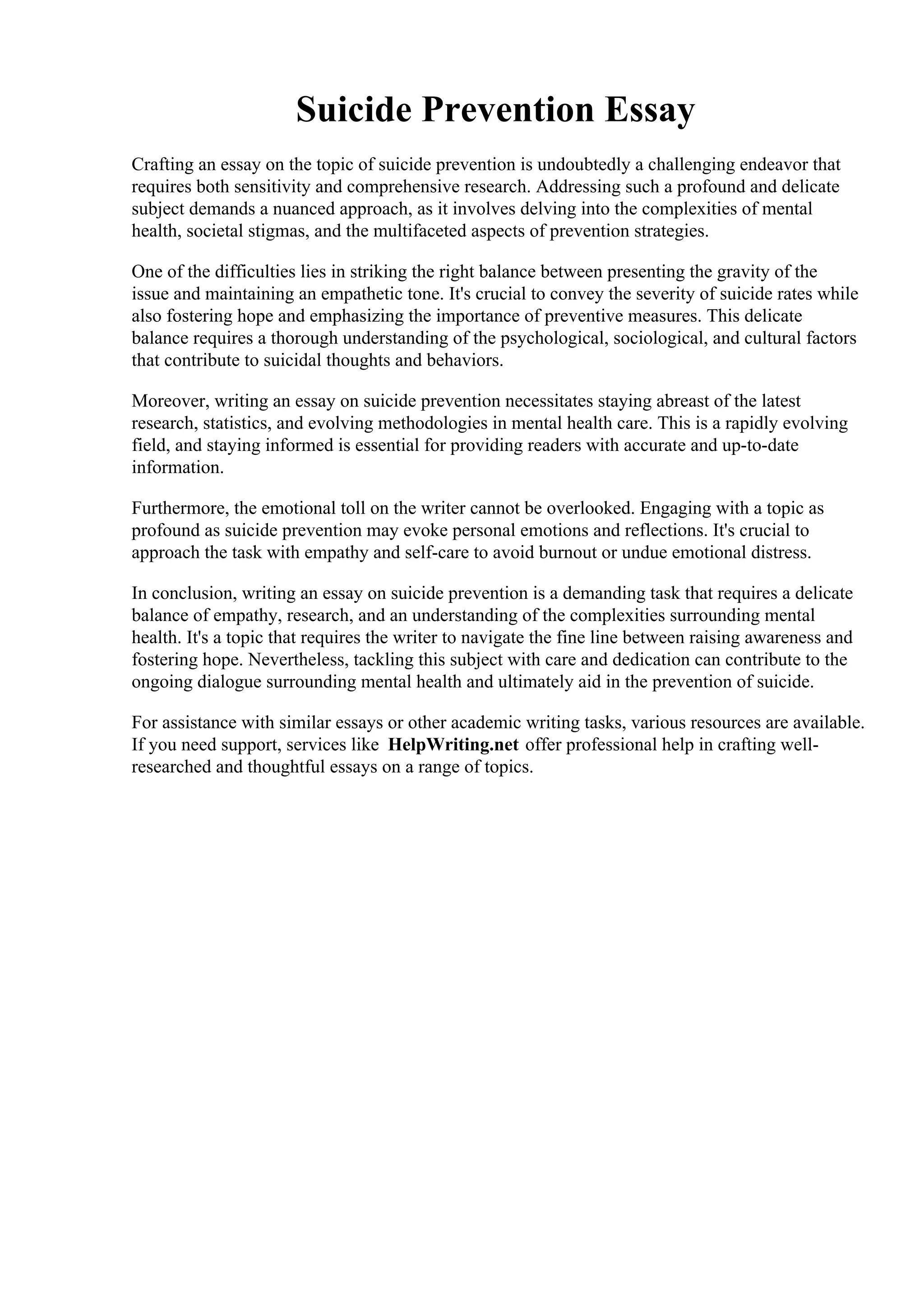Suicide Prevention Essay | PDF