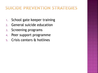 1. School gate keeper training
2. General suicide education
3. Screening programs
4. Peer support programme
5. Crisis centers & hotlines
 