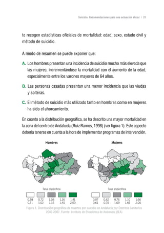 Volver al índice

                                            Suicidio: Recomendaciones para una actuación eficaz | 21




te recogen estadísticas oficiales de mortalidad: edad, sexo, estado civil y
método de suicidio.

A modo de resumen se puede exponer que:

A. Los hombres presentan una incidencia de suicidio mucho más elevada que
   las mujeres; incrementándose la mortalidad con el aumento de la edad,
   especialmente entre los varones mayores de 64 años.

B. Las personas casadas presentan una menor incidencia que las viudas
   y solteras.

C. El método de suicidio más utilizado tanto en hombres como en mujeres
   ha sido el ahorcamiento.

En cuanto a la distribución geográfica, se ha descrito una mayor mortalidad en
la zona del centro de Andalucía (Ruiz Ramos, 1998) (ver figura 1). Este aspecto
debería tenerse en cuenta a la hora de implementar programas de intervención.




  Figura 1. Distribución geográfica de muertes por suicidio en Andalucía por Distritos Sanitarios
                   2003-2007. Fuente: Instituto de Estadística de Andalucía (IEA)
 