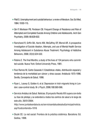 Volver al índice

                                                                    Bibliografía | 99




Platt S. Unemployment and suicidal behaviour: a review of literature. Soc Sci Med,
1984; 19:93-115.

Qin P, Mortesen PB, Perdesen CB. Frequent Change of Residence and Risk of
Attempted and Completed Suicide Among Children and Adolescents. Arch Gen
Psychiatry, 2009; 66:628-632.

Ramchand R, Grffin BA, Harris KM, McCaffrey DF, Morral AR. A prospective
Investigation of Suicide Ideation, Attempts, and use of Mental Health Service
Among Adolescent in Substance Abuse Treatment. Psychology of Addictive
Behaviors, 2008; 22(4):524-532.

Robins E. The final Months: a study of the lives of 134 persons who commit-
ted suicide. Nueva York: Oxford University Press, 1981.

Ruiz Ramos M, Canto Casasola V. Estadísticas vitales, distribución espacial y
tendencia de la mortalidad por cáncer y otras causas: Andalucía 1975-1996.
Sevilla, Consejería de Salud, 1998.

Ryan L, Leavey G, Golden A, et al. Depression in Irish migrants living in Lon-
don: case-control study. Br J Psych, 2006;188:560-566.

Servicio Andaluz de Salud. Noticias. El proyecto Receta XXI supera con éxito
su fase de pilotaje y se extenderá a todos los centros de salud a lo largo de
este año. 26/01/2004.
http://www.juntadeandalucia.es/servicioandaluzdesalud/principal/noticia.
asp?codcontenido=1016

Sluzki CE. La red social: Frontera de la práctica sistémica. Barcelona: Ed.
Gedisa, 1998.
 