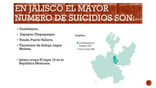 EN JALISCO EL MAYOR
NUMERO DE SUICIDIOS SON:
 Guadalajara,
 Zapopan,Tlaquepaque,
 Tonalá, Puerto Vallarta.
 Tlajomulco de Zúñiga, Lagos
Moreno.
 Jalisco ocupa El lugar 12 en la
República Mexicana.
 