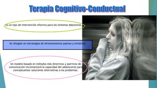 Es un tipo de intervención efectiva para los síntomas depresivos.
Se refugian en estrategias de afrontamientos pasivas y evitativas
Un modelo basado en métodos más directivos y asertivos de
comunicación incrementará la capacidad del adolescente para
conceptualizar soluciones alternativas a los problemas.
 