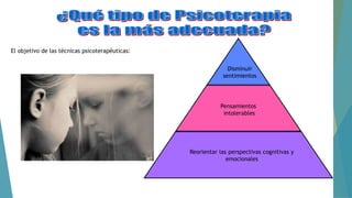 El objetivo de las técnicas psicoterapéuticas:
Disminuir
sentimientos
Pensamientos
intolerables
Reorientar las perspectivas cognitivas y
emocionales
 