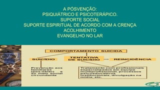A PÓSVENÇÃO:
PSIQUIÁTRICO E PSICOTERÁPICO.
SUPORTE SOCIAL
SUPORTE ESPIRITUAL DE ACORDO COM A CRENÇA
ACOLHIMENTO
EVANGELHO NO LAR
 