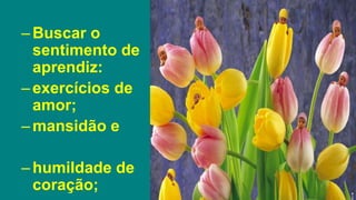 –Buscar o
sentimento de
aprendiz:
–exercícios de
amor;
–mansidão e
–humildade de
coração;
 