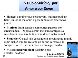 5.Duplo Suicídio, por
Amor e por Dever
• Homem e mulher que se amavam, mas não podiam
ficar juntos se mataram e pedem para ser enterrados
juntos.
• Motivo: Eram casados com outras pessoas por
circunstância. Os casais eram inclusive amigos. Se
suicidaram para não faltarem ao dever matrimonial.
• Situação: O casal não consegue se encontrar no mundo
espiritual. A mulher reclama de dor no cérebro e no
coraçãoe ouve risos infernais e vozes que bradam.
• Missão interrompida: Resistir e não
desertar ao dever. O Céu e o Inferno
Capítulo V – Suicidas, Allan Kardec24
 