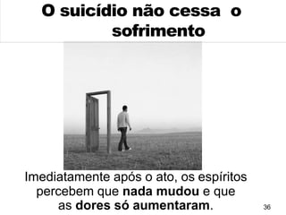 36
O suicídio não cessa o
sofrimento
Imediatamente após o ato, os espíritos
percebem que nada mudou e que
as dores só aumentaram.
 