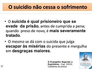 37
O suicídio não cessa o sofrimento
• O suicida é qual prisioneiro que se
evade da prisão, antes de cumprida a pena;
quando preso de novo, é mais severamente
tratado.
• O mesmo se dá com o suicida que julga
escapar às misérias do presente e mergulha
em desgraças maiores.
O Evangelho Segundo o
Espiritismo - Cap. XXVIII,
Coletânea de preces
 