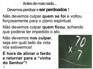 Antesdemaisnada…
Devemosperdoareserperdoados!
Não devemos culpar quem se foi e voltou
forçosamente para o plano espiritual.
Não devemos culpar quem ficou, achando
que poderia ter impedido o ato.
Não devemos nos culpar,
seja em qual lado da vida
nós estivermos!
É hora de aliviar o fardo
e retornar para a “vinha
do Senhor”!
3
 