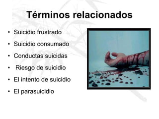 Términos relacionados Suicidio frustrado   Suicidio consumado Conductas suicidas Riesgo de suicidio   El intento de suicidio El parasuicidio 