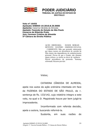 PODER JUDICIÁRIO
                            TRIBUNAL DE JUSTIÇA DO ESTADO DE
                                       SÃO PAULO



Voto nº 16455
Apelação: 048065-19.2010.8.26.0000
Apelante: Catarina Cândida de Almeida
Apelado: Fazenda do Estado de São Paulo
Comarca de Ribeirão Preto
Juiz: Carmem Cristina de Almeida
5ª Câmara de Direito Público



                                 AÇÃO ORDINÁRIA            DANOS MORAIS
                                 DETENTO SUICÍDIO OMISSÃO ESTATAL
                                    CABIMENTO. Mãe que pretende indenização
                                 por danos morais em decorrência de suicídio de
                                 filho dentro das dependências do estabelecimento
                                 prisional. Provas de que o Estado, não obstante
                                 algum esforço, se omitiu no dever de vigilância
                                 Parcial procedência da pretensão. Sentença
                                 reformada. Recurso provido.




                          Vistos;


                          CATARINA CÂNDIDA DE ALMEIDA,
apela nos autos da ação ordinária intentada em face
da FAZENDA DO ESTADO DE SÃO PAULO, da r.
sentença de fls. 133/142, cujo relatório integro a este
voto, na qual o D. Magistrado houve por bem julgá-la
improcedente.
                          Inconformada com referida decisão,
apela a autora, buscando reformá-la.
                          Sustenta,           em        suas         razões   de



Apelação 0480605-19.2010.8.26.0000                                            2/8
Origem: 1ª. Vara da Fazenda Pública - 5ª Câmara de Direito Público
 