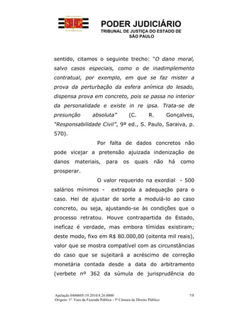 PODER JUDICIÁRIO
                            TRIBUNAL DE JUSTIÇA DO ESTADO DE
                                       SÃO PAULO




sentido, citamos o seguinte trecho: “O dano moral,
salvo casos especiais, como o de inadimplemento
contratual, por exemplo, em que se faz mister a
prova da perturbação da esfera anímica do lesado,
dispensa prova em concreto, pois se passa no interior
da personalidade e existe in re ipsa. Trata-se de
presunção              absoluta”              (C.          R.        Gonçalves,
“Responsabilidade Civil”, 9ª ed., S. Paulo, Saraiva, p.
570).
                          Por falta de dados concretos não
pode vicejar a pretensão ajuizada indenização de
danos       materiais,          para       os     quais       não    há   como
prosperar.
                          O valor requerido na exordial - 500
salários mínimos -                 extrapola a adequação para o
caso. Hei de ajustar de sorte a modulá-lo ao caso
concreto, ou seja, ajustando-se às condições que o
processo retratou. Houve contrapartida do Estado,
ineficaz é verdade, mas embora tímidas existiram;
deste modo, fixo em R$ 80.000,00 (oitenta mil reais),
valor que se mostra compatível com as circunstâncias
do caso que se sujeitará a acréscimo de correção
monetária contada desde a data do arbitramento
(verbete nº 362 da súmula de jurisprudência do



Apelação 0480605-19.2010.8.26.0000                                           7/8
Origem: 1ª. Vara da Fazenda Pública - 5ª Câmara de Direito Público
 