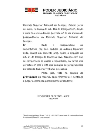 PODER JUDICIÁRIO
                              TRIBUNAL DE JUSTIÇA DO ESTADO DE
                                         SÃO PAULO




Colendo Superior Tribunal de Justiça). Cabem juros
de mora, na forma do art. 406 do Código Civil1, desde
a data do evento danoso (verbete nº 54 da súmula de
jurisprudência             do     Colendo          Superior          Tribunal         de
Justiça).
IV                          Dada             a         reciprocidade                  na
sucumbência (de dois pedidos os autores lograram
êxito parcial em somente um), aplico o disposto no
art. 21 do Código de Processo Civil, fazendo com que
se compensem as custas e honorários, na forma dos
verbetes nº 306 e 326 das súmulas de jurisprudência
do Colendo Superior Tribunal de Justiça
                            Posto       isso,       voto       no      sentido        do
provimento do recurso, para reformar a r. sentença
e julgar a demanda parcialmente procedente.




                     NOGUEIRA DIEFENTHÄLER
                                        RELATOR




1
 Inaplicáveis os ditames do art. 1º - F da Lei 9.494/97 por se tratar de condenação oriunda
de responsabilidade civil extracontratual.




Apelação 0480605-19.2010.8.26.0000                                                     8/8
Origem: 1ª. Vara da Fazenda Pública - 5ª Câmara de Direito Público
 