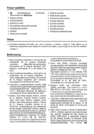 Portal:Medicina. Contenido
relacionado con Medicina.
Ataque suicida
Autoinmolación
Derecho a morir
El completo manual del suicidio
Filosofía del suicidio
Harakiri
Inducción al suicidio
Nota de suicidio
Píldora del suicidio
Prevención del suicidio
Suicidio altruista
Suicidio asistido
Suicidio colectivo
Suicidio forzado
Tendencia autodestructiva
a. Suicidium proviene del latín: sui, «de sí mismo», y cidium, «-cidio».1 ​ Este último es un
elemento compositivo que implica la «acción de matar» y que surge de la raíz de caedĕre,
«matar».2 ​
1. Real Academia Española y Asociación de
Academias de la Lengua Española.
«suicidio» (https://dle.rae.es/suicidio).
Diccionario de la lengua española (23.ª
edición). Consultado el 9 de febrero de
2017.
2. Real Academia Española y Asociación de
Academias de la Lengua Española. «-
cidio» (https://dle.rae.es/-cidio). Diccionario
de la lengua española (23.ª edición).
Consultado el 9 de febrero de 2017.
3. «Suicidio y comportamiento suicida» (http
s://www.nlm.nih.gov/medlineplus/spanish/e
ncy/article/001554.htm). MedlinePlus (en
inglés). Biblioteca Nacional de Medicina.
Consultado el 19 de septiembre de 2015.
4. Bottino, Sara Mota Borges; Bottino, Cássio
M. C.; Regina, Caroline Gomez; Correia,
Aline Villa Lobo; Ribeiro, Wagner Silva;
Bottino, Sara Mota Borges; Bottino, Cássio
M. C.; Regina, Caroline Gomez et al.
(2015-03). «Cyberbullying and adolescent
mental health: systematic review» (http://w
ww.scielo.br/scielo.php?script=sci_abstract
&pid=S0102-311X2015000300463&lng=e
n&nrm=iso&tlng=en). Cadernos de Saúde
Pública (en inglés) 31 (3): 463-475.
ISSN 0102-311X (https://issn.org/resource/issn/0102
-311X). doi:10.1590/0102-311x00036114 (https://dx.d
oi.org/10.1590%2F0102-311x00036114).
Consultado el 16 de febrero de 2020.
5. Paris, Joel (2002). «Chronic suicidality
among patients with borderline personality
disorder» (http://ps.psychiatryonline.org/doi/
pdf/10.1176/appi.ps.53.6.738) (pdf).
Psychiatric services (en inglés) 53 (6): 738-
742. PMID 12045312 (https://www.ncbi.nlm.nih.gov/
pubmed/12045312). doi:10.1176/appi.ps.53.6.738 (htt
ps://dx.doi.org/10.1176%2Fappi.ps.53.6.738).
Consultado el 17 de abril de 2015..
Consultado el 17 de abril de 2015
6. Hawton, Keith; van Heeringen, Kees
(2009). «Suicide». The Lancet (en inglés)
373 (9672): 1372-1381. PMID  19376453 (http
s://www.ncbi.nlm.nih.gov/pubmed/19376453).
doi:10.1016/S0140-6736(09)60372-X (https://dx.doi.o
rg/10.1016%2FS0140-6736%2809%2960372-X).
7. «Suicidio» (http://www.who.int/es/news-roo
m/fact-sheets/detail/suicide). who.int/.
Organización Mundial de la Salud. 31 de
enero de 2018. Consultado el 12 de julio
de 2018.
8. GBD 2016 Causes of Death Collaborators
(2017). «Global, regional, and national age-
sex specific mortality for 264 causes of
death, 1980–2016: a systematic analysis
for the Global Burden of Disease Study
2016» (https://www.ncbi.nlm.nih.gov/pmc/ar
ticles/PMC5605883). The Lancet 390
Véase también
Notas
Referencias
 