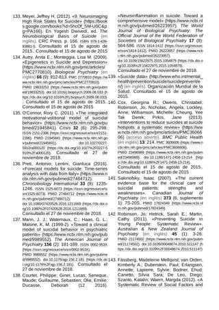 133. Meyer, Jeffrey H. (2012). «9. Neuroimaging
High Risk States for Suicide» (https://book
s.google.com/books?id=5hcOf_SM-U0C&p
g=PA166). En Yogesh Dwivedi, ed. The
Neurobiological Basis of Suicide (en
inglés). CRC Press. p. 166. ISBN  978-1-439-
83881-5. Consultado el 15 de agosto de
2015.. Consultado el 15 de agosto de 2015
134. Autry, Anita E.; Monteggia, Lisa M. (2009).
«Epigenetics in Suicide and Depression»
(https://www.ncbi.nlm.nih.gov/pmc/articles/
PMC2770810). Biological Psychiatry (en
inglés) 66 (9): 812-813. PMC 2770810 (https://w
ww.ncbi.nlm.nih.gov/pmc/articles/PMC2770810).
PMID  19833253 (https://www.ncbi.nlm.nih.gov/pubm
ed/19833253). doi:10.1016/j.biopsych.2009.08.033 (h
ttps://dx.doi.org/10.1016%2Fj.biopsych.2009.08.033)
. Consultado el 15 de agosto de 2015..
Consultado el 15 de agosto de 2015
135. O'Connor, Rory C. (2011). «The integrated
motivational-volitional model of suicidal
behavior» (https://www.ncbi.nlm.nih.gov/pu
bmed/21945841). Crisis 32 (6): 295-298.
ISSN 2151-2396 (https://issn.org/resource/issn/2151-
2396). PMID  21945841 (https://www.ncbi.nlm.nih.go
v/pubmed/21945841). doi:10.1027/0227-
5910/a000120 (https://dx.doi.org/10.1027%2F0227-5
910%2Fa000120). Consultado el 27 de
noviembre de 2018.
136. Preti, Antonio; Lentini, Gianluca (2016).
«Forecast models for suicide: Time-series
analysis with data from Italy» (https://www.n
cbi.nlm.nih.gov/pubmed/27484712).
Chronobiology International 33 (9): 1235-
1246. ISSN  1525-6073 (https://issn.org/resource/is
sn/1525-6073). PMID  27484712 (https://www.ncbi.nl
m.nih.gov/pubmed/27484712).
doi:10.1080/07420528.2016.1211669 (https://dx.doi.o
rg/10.1080%2F07420528.2016.1211669).
Consultado el 27 de noviembre de 2018.
137. Mann, J. J.; Waternaux, C.; Haas, G. L.;
Malone, K. M. (1999-2). «Toward a clinical
model of suicidal behavior in psychiatric
patients» (https://www.ncbi.nlm.nih.gov/pub
med/9989552). The American Journal of
Psychiatry 156 (2): 181-189. ISSN  0002-953X
(https://issn.org/resource/issn/0002-953X).
PMID  9989552 (https://www.ncbi.nlm.nih.gov/pubme
d/9989552). doi:10.1176/ajp.156.2.181 (https://dx.do
i.org/10.1176%2Fajp.156.2.181). Consultado el
27 de noviembre de 2018.
138. Courtet, Philippe; Giner, Lucas; Seneque,
Maude; Guillaume, Sebastien; Olie, Emilie;
Ducasse, Deborah (12 2016).
«Neuroinflammation in suicide: Toward a
comprehensive model» (https://www.ncbi.nl
m.nih.gov/pubmed/26223957). The World
Journal of Biological Psychiatry: The
Official Journal of the World Federation of
Societies of Biological Psychiatry 17 (8):
564-586. ISSN 1814-1412 (https://issn.org/resourc
e/issn/1814-1412). PMID 26223957 (https://www.ncb
i.nlm.nih.gov/pubmed/26223957).
doi:10.3109/15622975.2015.1054879 (https://dx.doi.o
rg/10.3109%2F15622975.2015.1054879).
Consultado el 27 de noviembre de 2018.
139. «Suicide data» (http://www.who.int/mental_
health/prevention/suicide/suicideprevent/e
n/) (en inglés). Organización Mundial de la
Salud. Consultado el 15 de agosto de
2015.
140. Cox, Georgina R.; Owens, Christabel;
Robinson, Jo; Nicholas, Angela; Lockley,
Anne; Williamson, Michelle; Cheung, Yee
Tak Derek; Pirkis, Jane (2013).
«Interventions to reduce suicides at suicide
hotspots: a systematic review» (https://ww
w.ncbi.nlm.nih.gov/pmc/articles/PMC36066
06) (acceso abierto). BMC Public Health
(en inglés) 13: 214. PMC 3606606 (https://www.n
cbi.nlm.nih.gov/pmc/articles/PMC3606606).
PMID  23496989 (https://www.ncbi.nlm.nih.gov/pubm
ed/23496989). doi:10.1186/1471-2458-13-214 (http
s://dx.doi.org/10.1186%2F1471-2458-13-214).
Consultado el 15 de agosto de 2015..
Consultado el 15 de agosto de 2015
141. Sakinofsky, Isaac (2007). «The current
evidence base for the clinical care of
suicidal patients: strengths and
weaknesses». Canadian Journal of
Psychiatry (en inglés) 373 (6, suplemento
1): 7S-20S. PMID  17824349 (https://www.ncbi.nl
m.nih.gov/pubmed/17824349).
142. Robinson, Jo; Hetrick, Sarah E.; Martin,
Cathy (2011). «Preventing Suicide in
Young People: Systematic Review».
Australian & New Zealand Journal of
Psychiatry (en inglés) 45 (1): 3-26.
PMID  21174502 (https://www.ncbi.nlm.nih.gov/pubm
ed/21174502). doi:10.3109/00048674.2010.511147 (h
ttps://dx.doi.org/10.3109%2F00048674.2010.511147)
.
143. Fässberg, Madeleine Mellqvist; van Orden,
Kimberly A.; Duberstein, Paul; Erlangsen,
Annette; Lapierre, Sylvie; Bodner, Ehud;
Canetto, Silvia Sara; De Leo, Diego;
Szanto, Katalin; Waern, Margda (2012). «A
Systematic Review of Social Factors and
 