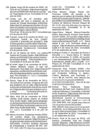 236. Zapata, Hugo (28 de octubre de 2009). «El
Club de los Suicidas» (http://www.hugozap
ata.com.ar/2009/10/el-club-de-los-suicida
s/). Hugozapata.com.ar. Consultado el 6 de
julio de 2018.
237. «Estos son los 10 suicidios más
recordados del rock a propósito de la
muerte de Chester Bennington [VIDEOS]»
(https://peru21.pe/espectaculos/son-10-suic
idios-recordados-rock-proposito-muerte-ch
ester-bennington-videos-89319).
Peru21.pe. 20 de julio de 2017. Consultado
el 6 de julio de 2018.
238. Fuentes, Jorge (5 de octubre de 2015). «La
misteriosa muerte de Kurt Cobain:
¿Suicidio o asesinato por encargo?» (http
s://www.guioteca.com/los-90/la-misteriosa-
muerte-de-kurt-cobain-suicidio-o-asesinato
-por-encargo/). Guioteca.com. Consultado
el 6 de julio de 2018.
239. JR (11 de febrero de 2015). «La caótica
historia de Christian Death» (http://elfuturop
erfecto.com/2015/02/11/la-caotica-historia-
de-christian-death/). Elfuturoperfecto.com.
Consultado el 18 de julio de 2018.
240. M Smith, Nigel (3 de noviembre de 2015).
«Robin Williams' widow: 'It was not
depression' that killed him» (https://www.th
eguardian.com/film/2015/nov/03/robin-willi
ams-disintegrating-before-suicide-widow-s
ays). The Guardian (en inglés). Consultado
el 8 de julio de 2018.
241. García, Yago (8 de noviembre de 2011).
«El club de los suicidas: 13 figuras del cine
que acabaron con su vida» (http://cinemani
a.elmundo.es/noticias/el-club-de-los-suicid
as-13-figuras-del-cine-que-acabaron-con-s
u-vida/). Cinemania.elmundo.es.
Consultado el 8 de julio de 2018.
242. Allen, Nick (28 de noviembre de 2014).
«Ridley Scott breaks silence on brother
Tony Scott's death» (https://www.telegraph.
co.uk/news/worldnews/northamerica/usa/1
1261672/Ridley-Scott-breaks-silence-on-br
other-Tony-Scotts-death.html). Telegraph
(en inglés). Consultado el 8 de julio de
2018.
243. Manzo Guerrero, Guadalupe Imelda (2005).
«El suicidio desde una perspectiva
socioeconómica cultural» (https://revistas.in
ah.gob.mx/index.php/cuicuilco/article/view/
4351/4305). Cuicuilco (Instituto Nacional
de Antropología e Historia) 12 (33): 153-
172. ISSN  1405-7778 (https://issn.org/resource/iss
n/1405-7778). Consultado el 11 de
septiembre de 2015.
244. Pérez Barrero, Sergio; Reytor Sol,
Francisco (1995). «El suicidio y su
atención por el médico de la familia» (http://
scielo.sld.cu/scielo.php?script=sci_arttext&
pid=S0864-21251995000400001). Revista
Cubana de Medicina General Integral 11
(4): 11-18. ISSN 1561-3038 (https://issn.org/resour
ce/issn/1561-3038). Consultado el 11 de
septiembre de 2015.
245. Vega-Piñero, Miguel; Blasco-Fontecilla,
Hilario; Baca-García, Enrique; Díaz-Sastre,
Carmen (2002). «El suicidio» (https://web.a
rchive.org/web/20160304212448/http://euta
nasia.ws/hemeroteca/j79.pdf) (pdf). Salud
Global 2 (4): 1-15. Archivado desde el
original (http://eutanasia.ws/hemeroteca/j7
9.pdf) el 4 de marzo de 2016. Consultado
el 11 de septiembre de 2015.
246. Rodríguez Pulido, F.; González de Rivera y
Revuelta, J. L.; Gracia Marco, R.; Montes
de Oca Hernández, D. (1990). «El suicidio
y sus interpretaciones teóricas» (http://ww
w.psicoter.es/_arts/90_A077_12.pdf) (pdf).
Pisquis (4): 374-380. Consultado el 11 de
septiembre de 2015.
247. Ozawa-de Silva, Chikako (2008). «Too
Lonely to Die Alone: Internet Suicide Pacts
and Existential Suffering in Japan».
Culture, Medicine, and Psychiatry (en
inglés) 32 (4): 516-551. PMID  18800195 (http
s://www.ncbi.nlm.nih.gov/pubmed/18800195).
doi:10.1007/s11013-008-9108-0 (https://dx.doi.org/1
0.1007%2Fs11013-008-9108-0).
248. Durkee, Tony; Hadlaczky, Gergo;
Westerlund, Michael; Carli, Vladimir (2011).
«Internet Pathways in Suicidality: A Review
of the Evidence» (https://www.ncbi.nlm.nih.
gov/pmc/articles/PMC3210590).
International Journal of Environmental
Research and Public Health (en inglés) 8
(10): 3938-3952. PMC 3210590 (https://www.ncb
i.nlm.nih.gov/pmc/articles/PMC3210590).
PMID  18800195 (https://www.ncbi.nlm.nih.gov/pubm
ed/18800195). doi:10.3390/ijerph8103938 (https://dx.
doi.org/10.3390%2Fijerph8103938). Consultado el
11 de septiembre de 2015.. Consultado el
11 de septiembre de 2015
249. Poisuo, Pauli (4 de junio de 2013). «10
Famous Landmarks That Are Creepy
Suicide Magnets» (http://listverse.com/201
3/06/04/10-famous-landmarks-that-are-cree
 