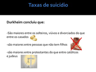 Durkheim concluiu que:

-São maiores entre os solteiros, viúvos e divorciados do que
entre os casados

-são maiores entre pessoas que não tem filhos

-são maiores entre protestantes do que entre católicos
e judeus
 