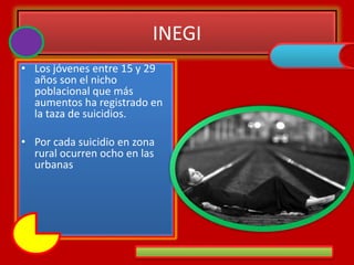 INEGI
• Los jóvenes entre 15 y 29
años son el nicho
poblacional que más
aumentos ha registrado en
la taza de suicidios.
• Por cada suicidio en zona
rural ocurren ocho en las
urbanas
 