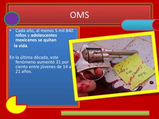 OMS
• Cada año, al menos 5 mil 840
niños y adolescentes
mexicanos se quitan
la vida.
En la última década, este
fenómeno aumentó 31 por
ciento entre jóvenes de 14 a
21 años.
 