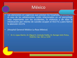 México
• Las atenciones en urgencias que prestan los hospitales y clínicas en
el caso de los adolescentes, están relacionados en un porcentaje
muy importante con los accidentes, la violencia y de ellas la
intoxicación por intento de suicidio ocupan el 43.0 % y para llamar
la atención 22.0 %
• (Hospital General Médico La Raza México)
• Dr. G. López Martín, Dr. Miguel A. Andrade Padilla, Dr. Remigio Velíz Pintos,
Dulanto, Cap. 162, p, 1210
 