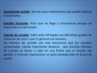 Equivalente suicida: Son las auto mutilaciones que puede hacerse
una persona.
Suicidio frustrado: Acto que no llega a consumarse porque un
imprevisto lo interrumpe.
Intento de suicidio: Daño auto infringido con diferentes grados de
intención de morir y por lo general con lesiones.
los intentos de suicidio son mas frecuentes que los suicidios
consumados. siendo importante destacar , que muchos intentos
de suicidio se llevan a cabo en una forma que el rescate sea
posible, a menudo representan un grito desesperado en busca de
ayuda.
 