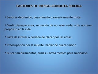 FACTORES DE RIESGO-CONDUTA SUICIDAFACTORES DE RIESGO-CONDUTA SUICIDA
• Sentirse deprimido, desanimado o excesivamente triste.
• Sentir desesperanza, sensación de no valer nada, y de no tener
propósito en la vida.
• Falta de interés o perdida de placer por las cosas.
• Preocupación por la muerte, hablar de querer morir.
• Buscar medicamentos, armas u otros medios para suicidarse.
 