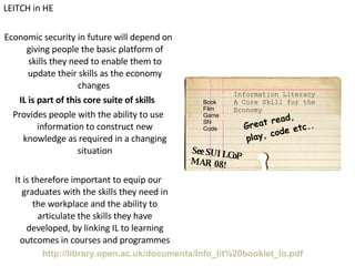 LEITCH in HE Economic security in future will depend on giving people the basic platform of skills they need to enable them to update their skills as the economy changes  IL is part of this core suite of skills  Provides people with the ability to use information to construct new knowledge as required in a changing situation It is therefore important to equip our graduates with the skills they need in the workplace and the ability to articulate the skills they have developed, by linking IL to learning outcomes in courses and programmes Information Literacy A Core Skill for the Economy Book Film Game SN Code Great read, play, code etc.. See SUILCoP MAR 08! http://library.open.ac.uk/documents/Info_lit%20booklet_lo.pdf 