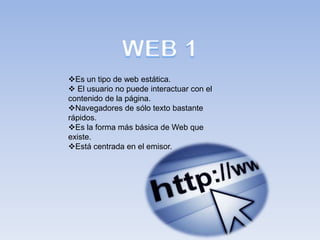 Es un tipo de web estática.
 El usuario no puede interactuar con el
contenido de la página.
Navegadores de sólo texto bastante
rápidos.
Es la forma más básica de Web que
existe.
Está centrada en el emisor.
 
