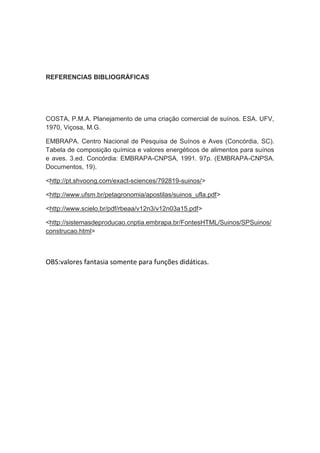 REFERENCIAS BIBLIOGRÁFICAS
COSTA, P.M.A. Planejamento de uma criação comercial de suínos. ESA. UFV,
1970, Viçosa, M.G.
EMBRAPA. Centro Nacional de Pesquisa de Suínos e Aves (Concórdia, SC).
Tabela de composição química e valores energéticos de alimentos para suínos
e aves. 3.ed. Concórdia: EMBRAPA-CNPSA, 1991. 97p. (EMBRAPA-CNPSA.
Documentos, 19).
<http://pt.shvoong.com/exact-sciences/792819-suinos/>
<http://www.ufsm.br/petagronomia/apostilas/suinos_ufla.pdf>
<http://www.scielo.br/pdf/rbeaa/v12n3/v12n03a15.pdf>
<http://sistemasdeproducao.cnptia.embrapa.br/FontesHTML/Suinos/SPSuinos/
construcao.html>
OBS:valores fantasia somente para funções didáticas.
 