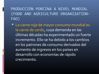 PRODUCCIÒN PORCINA A NIVEL MUNDIAL
(FOOD AND AGRICULTURE ORGANIZATION-
FAO)
 La carne roja de mayor consumo mundial es
la carne de cerdo, cuya demanda en las
últimas décadas ha experimentado un fuerte
incremento. Ello se ha debido a los cambios
en los patrones de consumo derivados del
aumento de ingresos en los países en
desarrollo con economías de rápido
crecimiento.
 