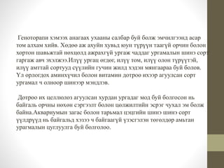 Геноторапи хэмээх анагаах ухааны салбар буй болж эмчилгээнд асар 
том алхам хийв. Хөдөө аж ахуйн хувьд юун түрүүн таагүй орчин болон 
хортон шавьжтай нөхцөлд ажрахгүй ургаж чаддаг ургамалын шинэ сорт 
гаргаж авч эхэлжээ.Илүү ургац өгдөг, илүү том, илүү олон түрүүтэй, 
илүү амттай сортууд сүүлийн гучин жилд хэдэн мянгаараа буй болов. 
Үл орлогдох аминхүчил болон витамин дотроо ихээр агуулсан сорт 
ургамал ч олноор шинээр мэндлэв. 
Дотроо их целлюлоз агуулсан хурдан ургадаг мод буй болгосон нь 
байгаль орчны нөхөн сэргээлт болон цөлжилтийн эсрэг чухал эм болж 
байна.Аквариумын загас болон тарьмал цэцгийн шинэ шинэ сорт 
үүлдрүүд нь байгальд хэзээ ч байгаагүй үзэсгэлэн төгөлдөр амьтан 
урагмалын цуглуулга буй болголоо. 
 