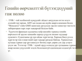 Генийн өөрчлөлттэй бүтээгдхүүний 
гаж нөлөө 
• / ГӨБ / -той холбоотой хүмүүсийг айдаст автуулсан нэгэн мэдээ 
дэлхийгээр тархав. АНУ-ын хөдөө аж ахуйн аварга компани болох 
“Монсанта”-гийн GMO ашиглаж ургуулсан эрдэнэ шишээр тэжээсэн 
лабораторын харх хорт хавдартай болсон байв. 
• Түүнчлэн францын судлаачид хоёр жилийн туршид генийн 
өөрчлөлттэй эрдэнэ шишийн хархад үзүүлэх нөлөөг нууцаар 
судалжээ. Судалгааны үр дүн айдас хүргэмээр. Хархын биед үхэлд 
хүргэхээр том хэмжээний хорт хавдар ургасан байлаа. Туршилтын 
хугацаа гурван сар үргэлжилдэг бөгөөд харх дөрөв дэх сар дээрээ 
үхдэг аж. Тэгэхээр / ГӨБ / хүний эрүүл мэндэд урт хугацааны туршид 
ямар нөлөө үзүүлдгийг мэдэх бололцоогүй одоохондоо олдоогүй гэсэн 
үг. 
 