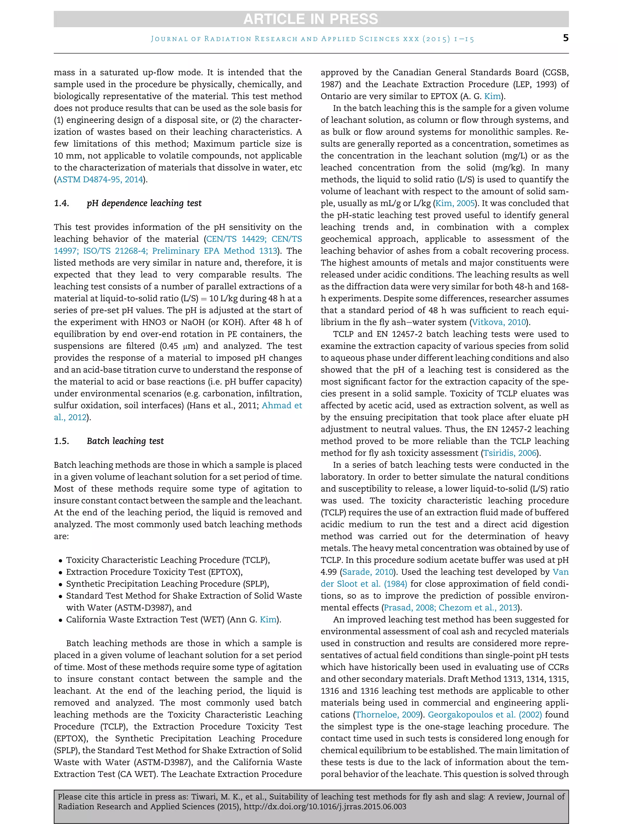 Suitability of leaching test methods for fly ash and slag a review | PDF