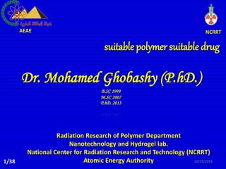 suitable polymer suitable drug
Dr. Mohamed Ghobashy (P.hD.)
B.SC 1999
M.SC 2007
P.hD. 2013
Radiation Research of Polymer Department
Nanotechnology and Hydrogel lab.
National Center for Radiation Research and Technology (NCRRT)
Atomic Energy Authority
NCRRTAEAE
1/38 12/25/2016
 