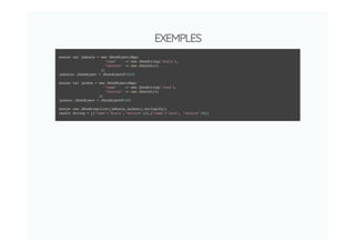 EXEMPLES
scala> val jsScala = new JSonObject(Map(
"name" -> new JSonString("Scala"),
"version" -> new JSonInt(2)
))
jsScala: JSonObject = JSonObject@70103
scala> val jsJava = new JSonObject(Map(
"name" -> new JSonString("Java"),
"version" -> new JSonInt(8)
))
jsJava: JSonObject = JSonObject@5425
scala> new JSonArray(List(jsScala,jsJava)).stringify()
res53: String = [{"name":"Scala","version":2},{"name":"Java", "version":8}]
 