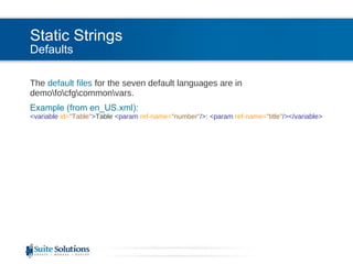 Static Strings Defaults The  default files  for the seven default languages are in demo\fo\cfg\common\vars. Example (from en_US.xml): <variable  id= "Table" > Table  <param  ref-name= "number" /> :  <param  ref-name= "title" /></variable> 