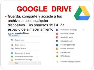  Guarda, comparte y accede a tus
archivos desde cualquier
dispositivo. Tus primeros 15 GB de
espacio de almacenamiento
son gratuitos.
 