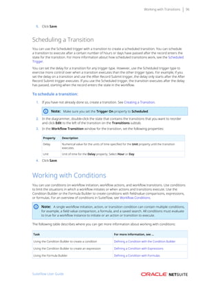 Working with Transitions 96
5. Click Save.
Scheduling a Transition
You can use the Scheduled trigger with a transition to create a scheduled transition. You can schedule
a transition to execute after a certain number of hours or days have passed after the record enters the
state for the transition. For more information about how scheduled transitions work, see the Scheduled
Trigger.
You can set the delay for a transition for any trigger type. However, use the Scheduled trigger type to
exercise more control over when a transition executes than the other trigger types. For example, if you
set the delay on a transition and use the After Record Submit trigger, the delay only starts after the After
Record Submit trigger executes. If you use the Scheduled trigger, the transition executes after the delay
has passed, starting when the record enters the state in the workflow.
To schedule a transition:
1. If you have not already done so, create a transition. See Creating a Transition.
Note: Make sure you set the Trigger On property to Scheduled.
2. In the diagrammer, double-click the state that contains the transitions that you want to reorder
and click Edit to the left of the transition on the Transitions subtab.
3. In the Workflow Transition window for the transition, set the following properties:
Property Description
Delay Numerical value for the units of time specified for the Unit property until the transition
executes.
Unit Unit of time for the Delay property. Select Hour or Day.
4. Click Save.
Working with Conditions
You can use conditions on workflow initiation, workflow actions, and workflow transitions. Use conditions
to limit the situations in which a workflow initiates or when actions and transitions execute. Use the
Condition Builder or the Formula Builder to create conditions with field/value comparisons, expressions,
or formulas. For an overview of conditions in SuiteFlow, see Workflow Conditions.
Note: A single workflow initiation, action, or transition condition can contain multiple conditions,
for example, a field value comparison, a formula, and a saved search. All conditions must evaluate
to true for a workflow instance to initiate or an action or transition to execute.
The following table describes where you can get more information about working with conditions:
Task For more information, see ...
Using the Condition Builder to create a condition Defining a Condition with the Condition Builder
Using the Condition Builder to create an expression Defining a Condition with Expressions
Using the Formula Builder Defining a Condition with Formulas
SuiteFlow User Guide
 